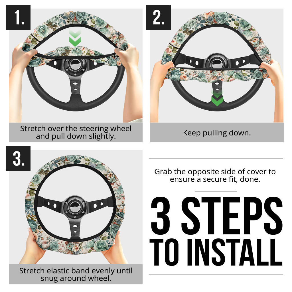 Vintage Green Flowers Steering Wheel Cover