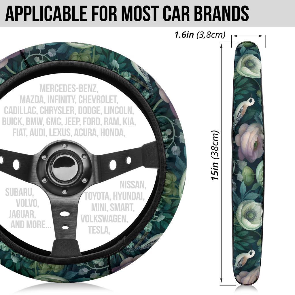 Mystical Green Flowers & Bird Steering Wheel Cover