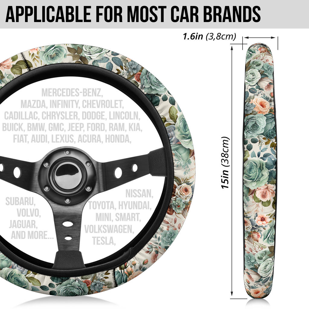 Vintage Green Flowers Steering Wheel Cover