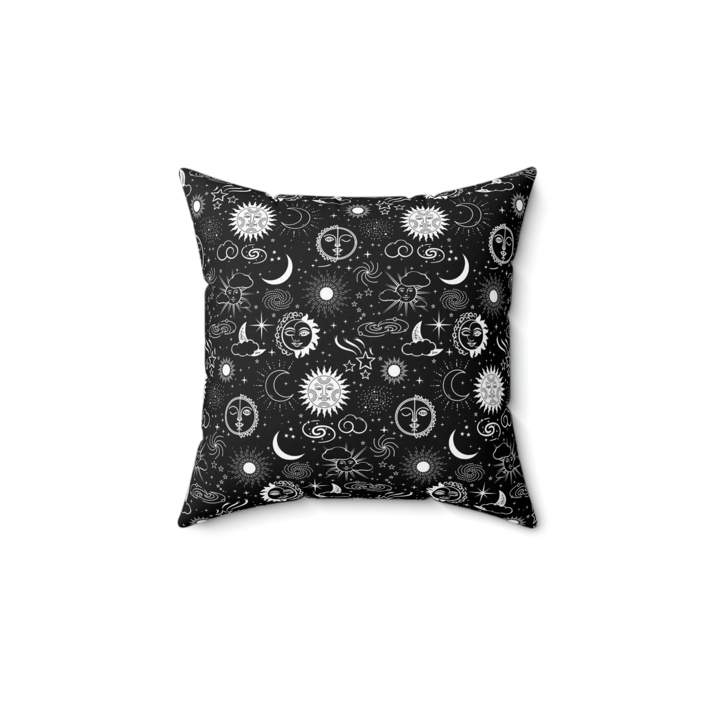 Celestial Black White Faux Suede Square Pillow Case With Zipper Suns Moons Stars