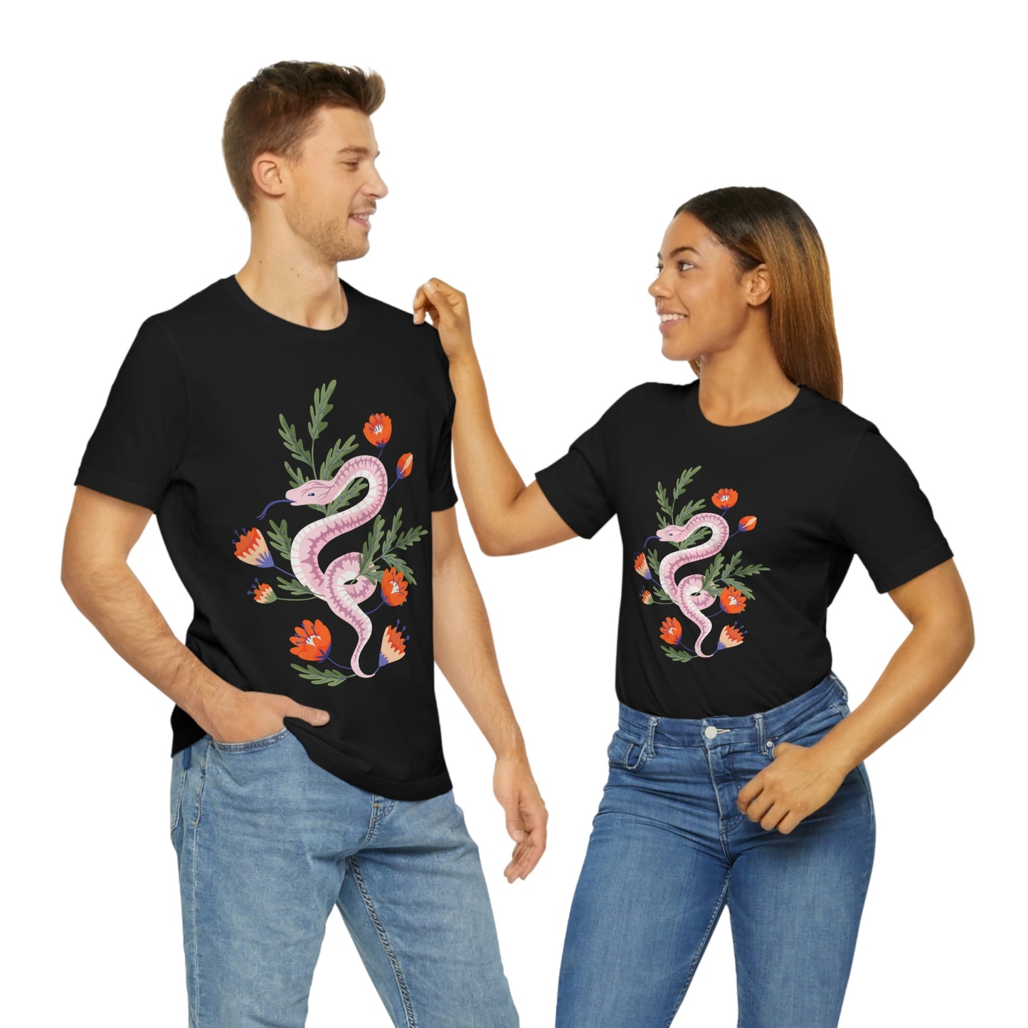 Pink Snake with Red-Orange Flowers Black T-Shirt, Unisex Jersey Short Sleeve Tee