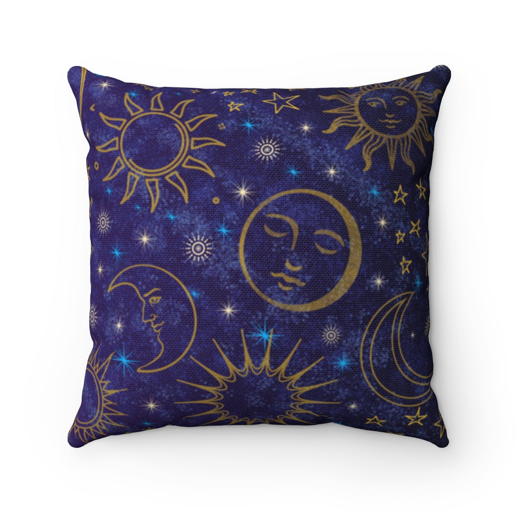 Blue and Gold Celestial Sun Moon - Spun Polyester Square Pillow Case with Zipper