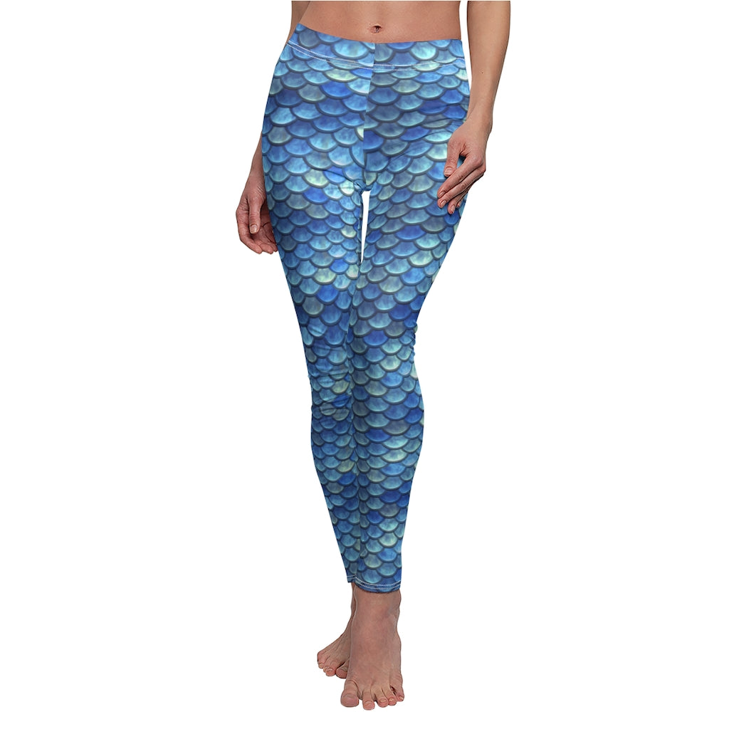 Blue Mermaid Scales Leggings | Women's Casual Stretch Pants | Fantasy Workout Clothing Blue Fish Scales