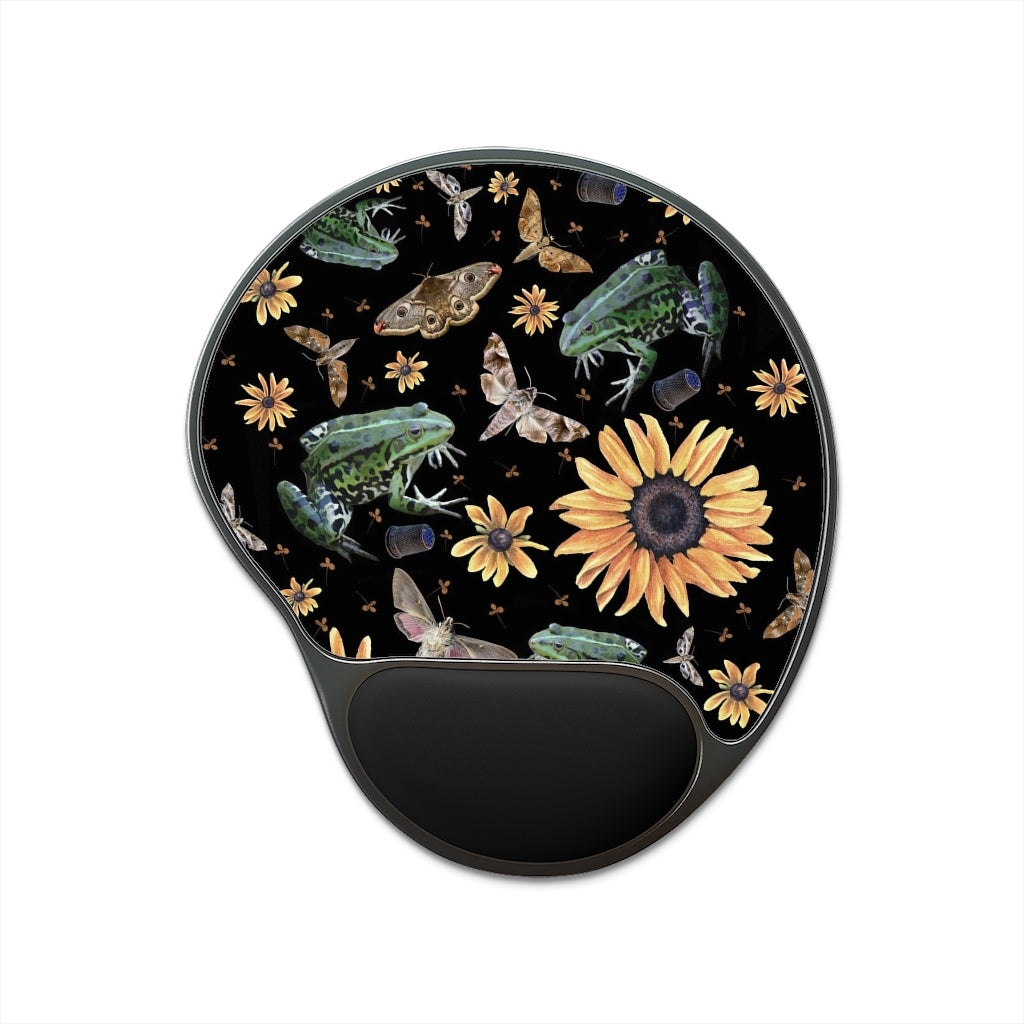 Frogs Sunflowers Mouse Pad With Wrist Rest, Cottagecore Office Decor, Toads Mouse Pad