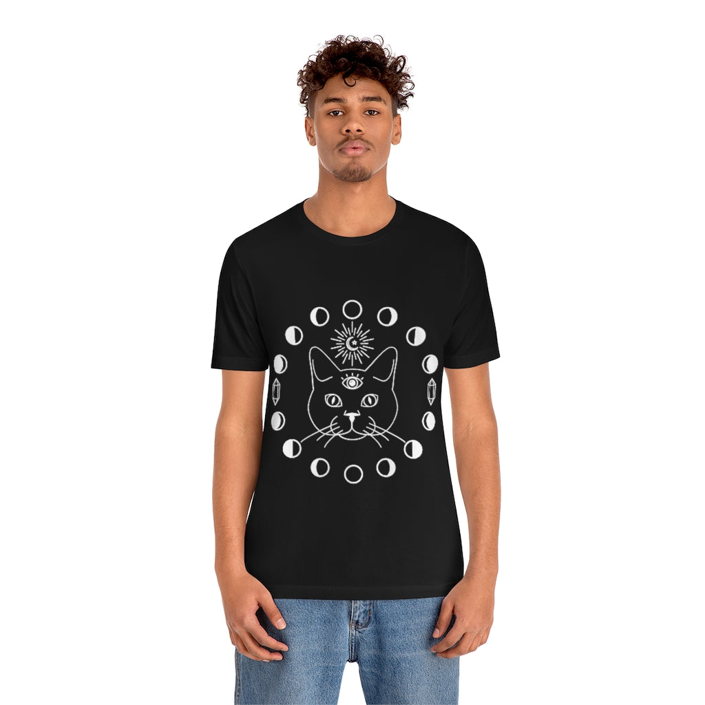 Witch Black Tee, Cat with Third Eye, Moon Phases and Crystals. Witch Shirt, Unisex Short Sleeve Tee, Womens T-Shirt, Clothing Clothes