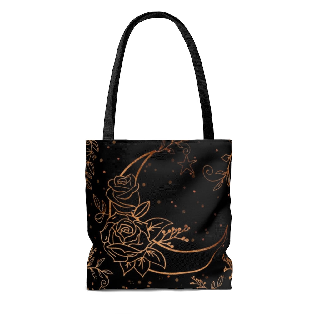 Cute Flower Moon Witch Tote Bag, Cottagecore Grocery Bag, Reusable Shopping Bag, Black Witch Bag Pagan Tote