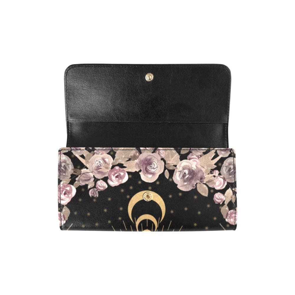 Pale Roses Cottagecore Watercolor Trifold Wallet Suns Moons Flowers