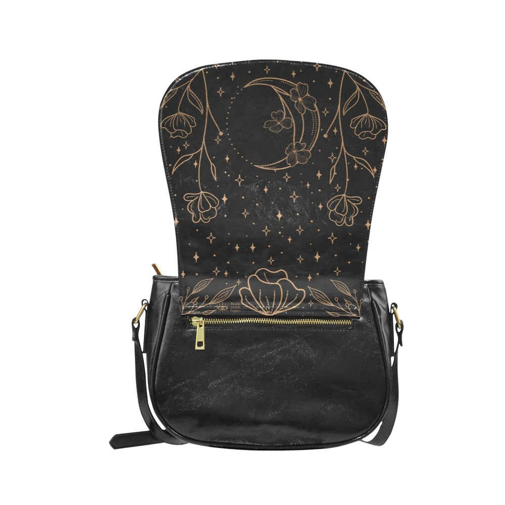 Elegant Crescent Moon Flowers Saddle Bag Purse