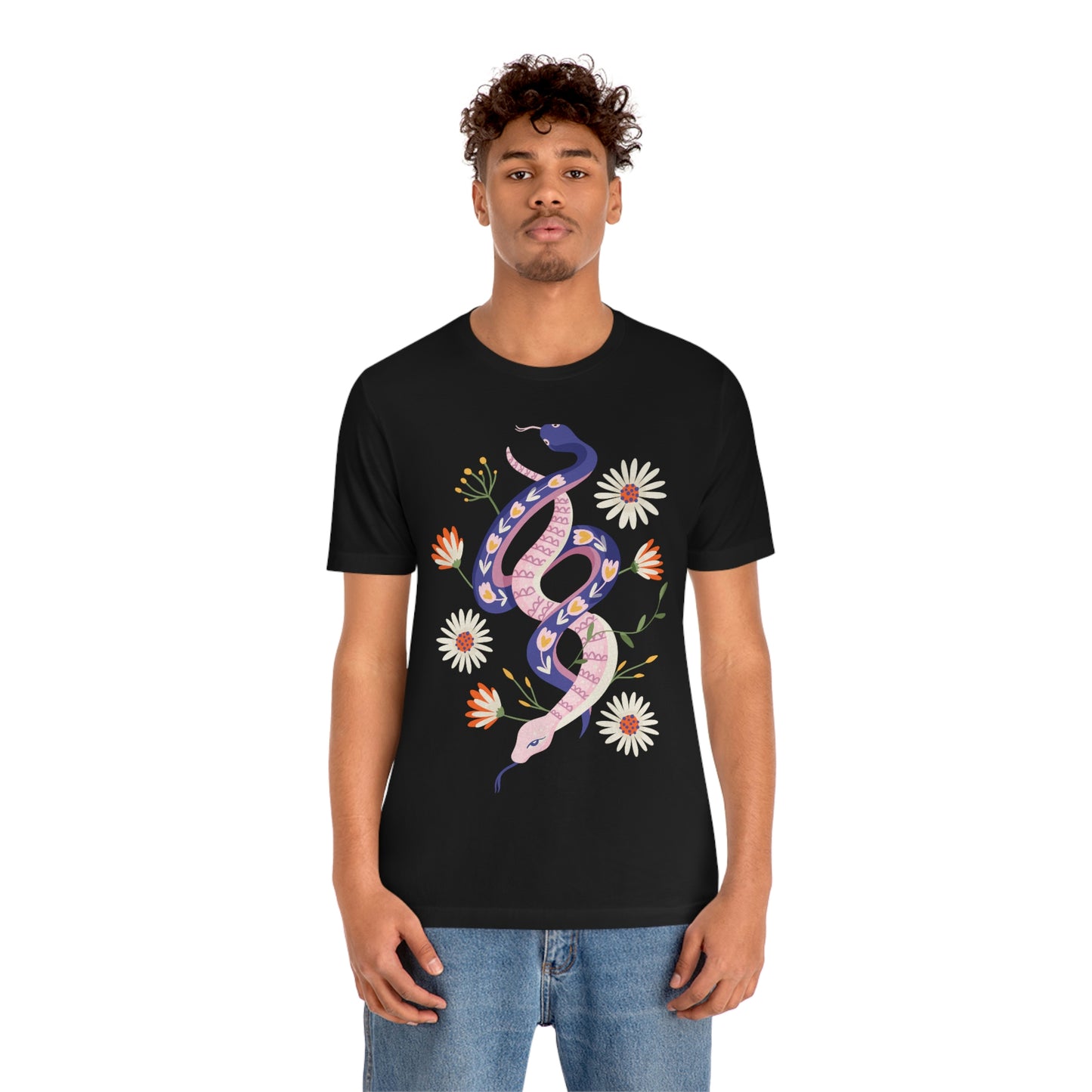 69 Snakes with Flowers Black T-Shirt, Unisex Jersey Short Sleeve Tee