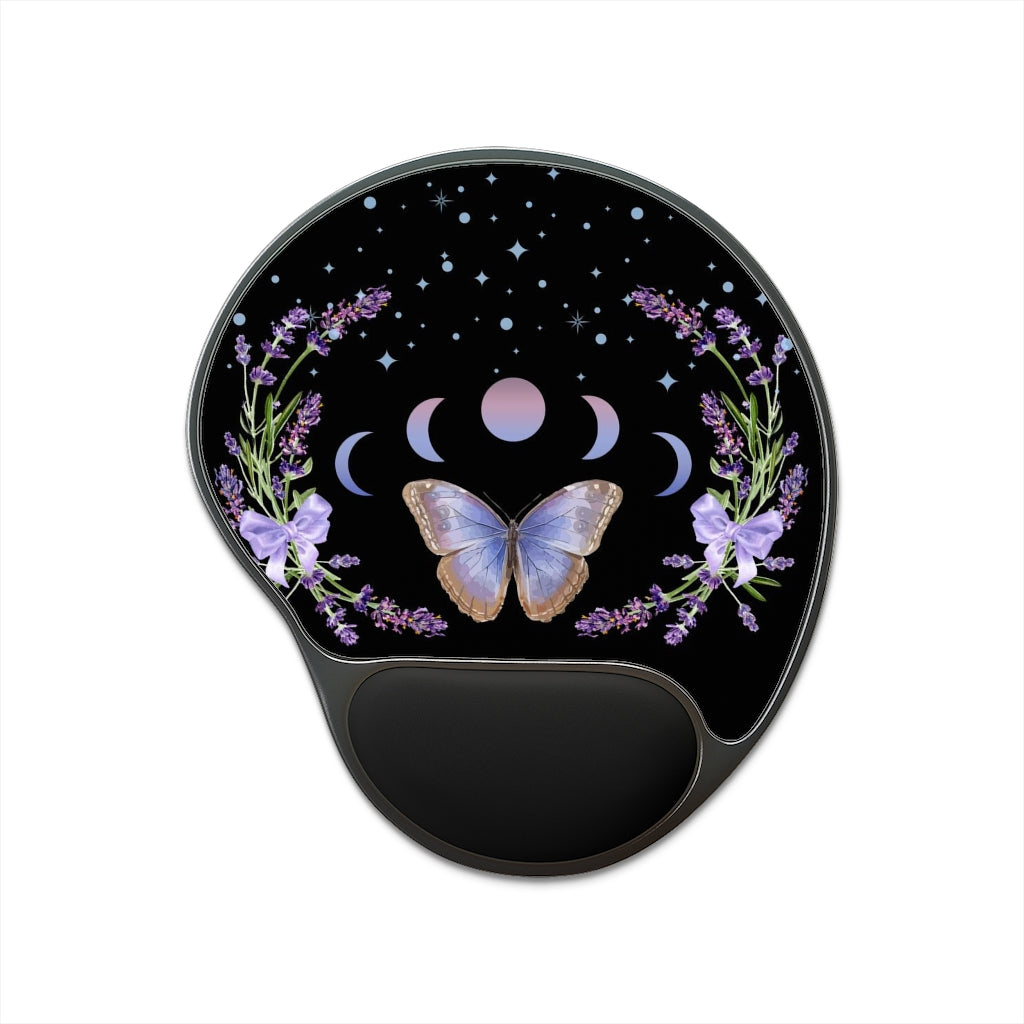 Boho Chic Purple Butterfly and Moon Phases Mouse Pad With Wrist Rest, Lavender Witch Cottagecore Office Decor