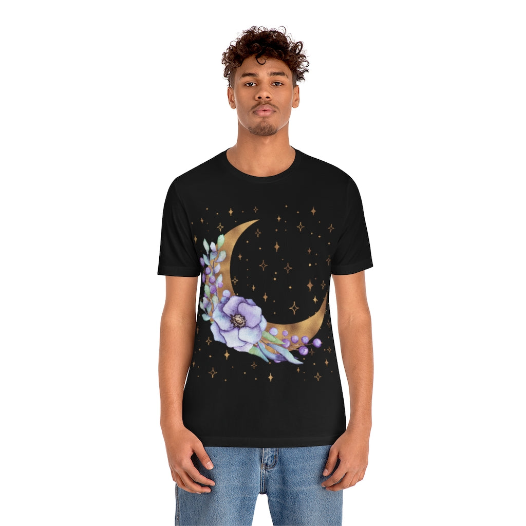 Purple Moon Floral Black Tee, Witch Shirt, Unisex Jersey Short Sleeve Tee, Womens Bella Canvas T-Shirt, Flowers Wicca Clothing Clothes
