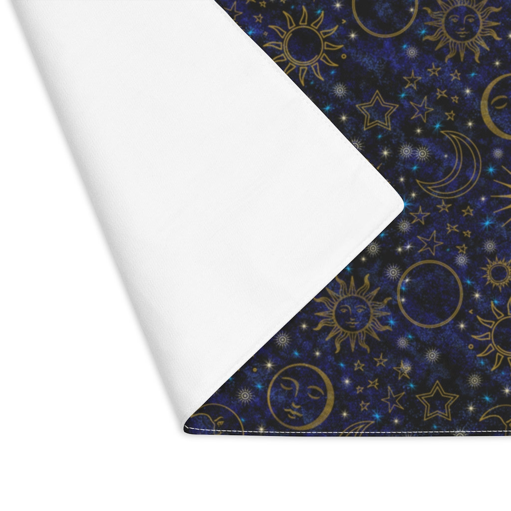 Black Blue Celestial Placemat | Cotton Fabric Placemat 18 x 14 Inches | Witch Home Decor | Suns Moons Stars | Tarot Mat