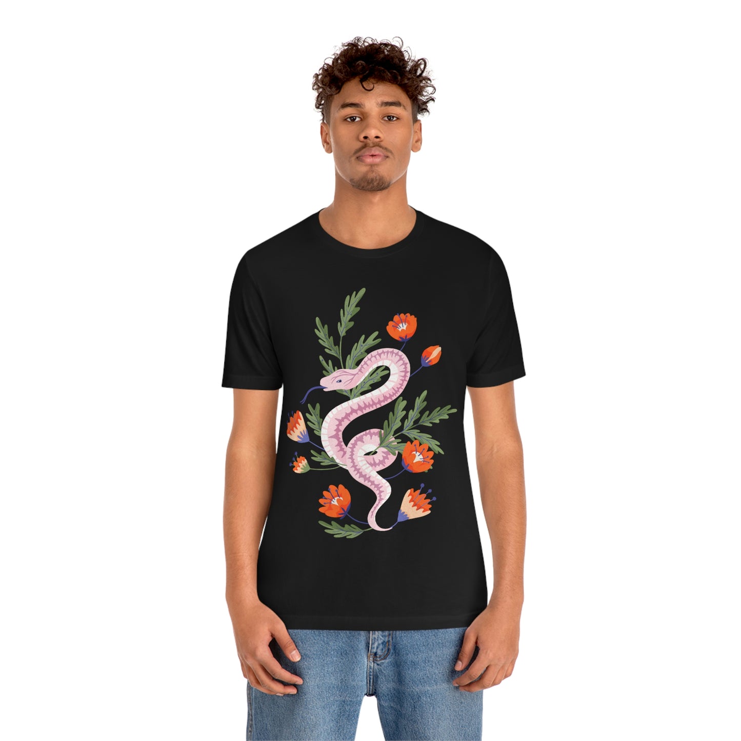 Pink Snake with Red-Orange Flowers Black T-Shirt, Unisex Jersey Short Sleeve Tee