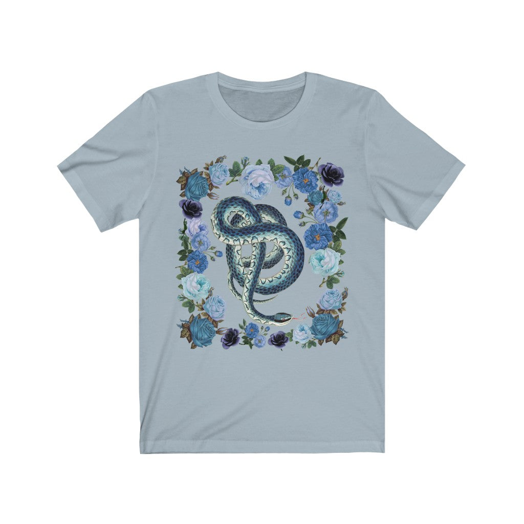 Vintage Illustration Blue Snake Floral Black Tee, Womens Bella Canvas T-Shirt, Unisex Jersey Short Sleeve Tee Witch Shirt