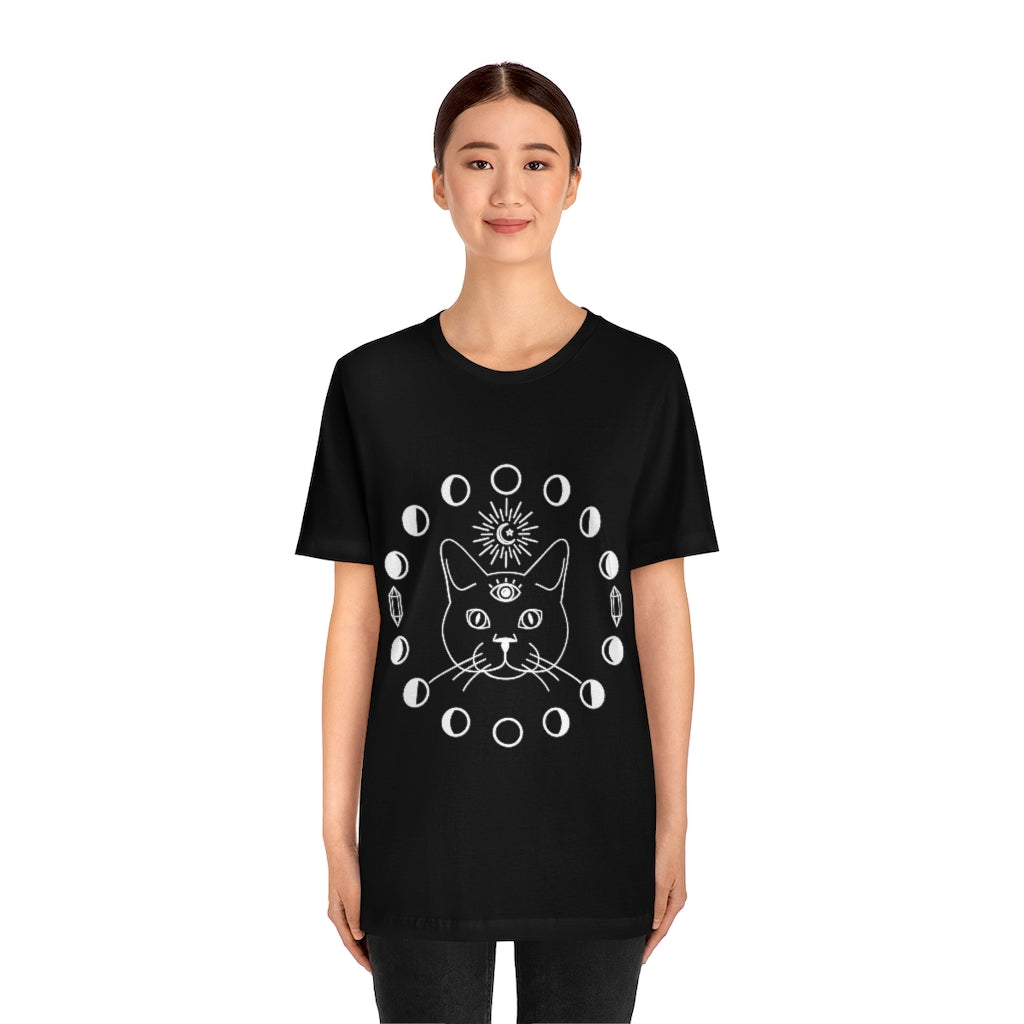 Witch Black Tee, Cat with Third Eye, Moon Phases and Crystals. Witch Shirt, Unisex Short Sleeve Tee, Womens T-Shirt, Clothing Clothes
