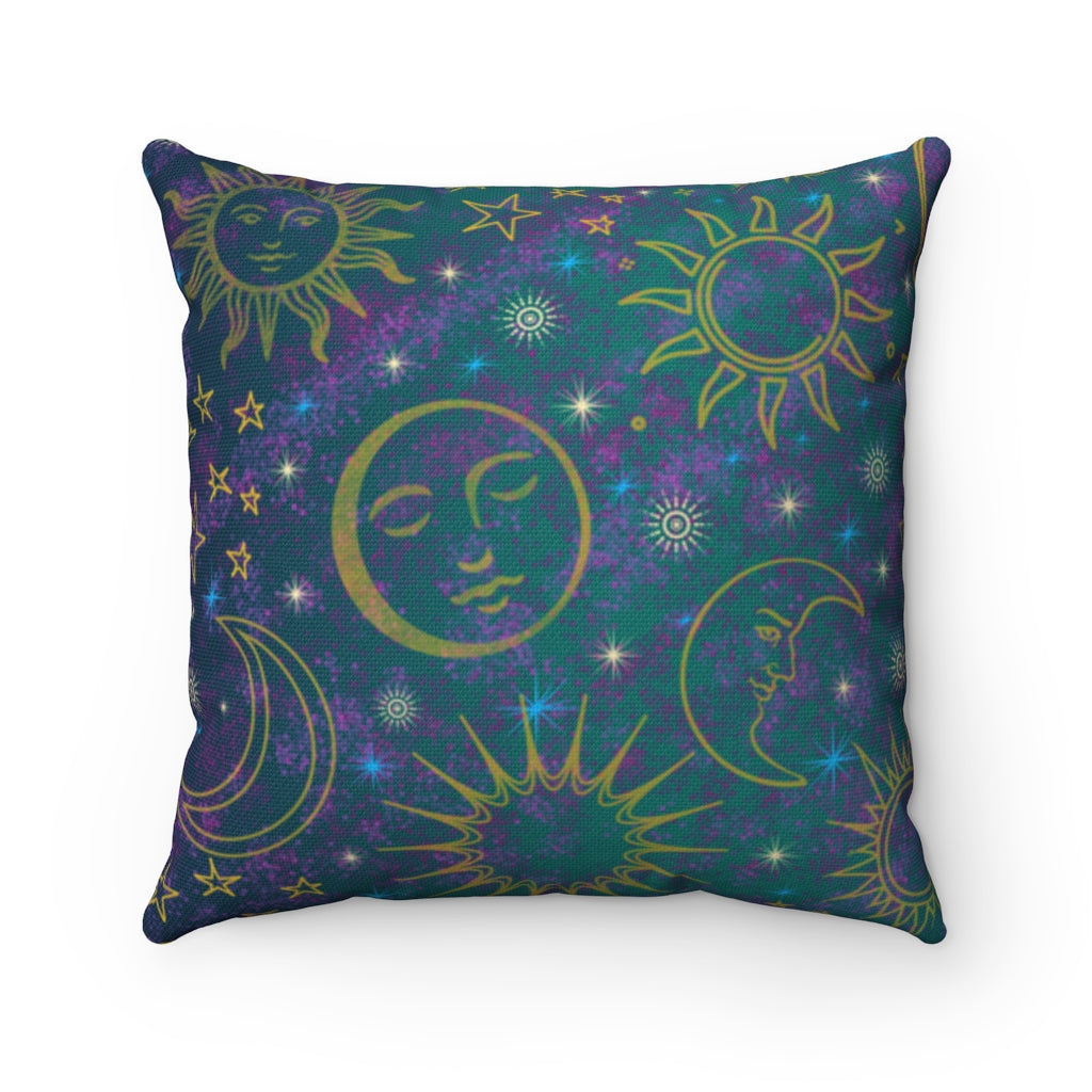 Turquoise Blue Purple and Gold Celestial Sun Moon - Spun Polyester Square Pillow Case with Zipper