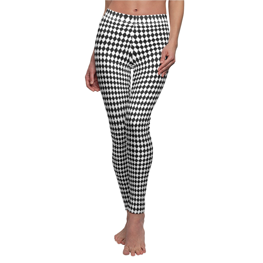 Harlequin Women's Casual Leggings | Black White Small Diamonds Pattern Stretch Pants | Comic Book Inspired Suicide Squad Joker