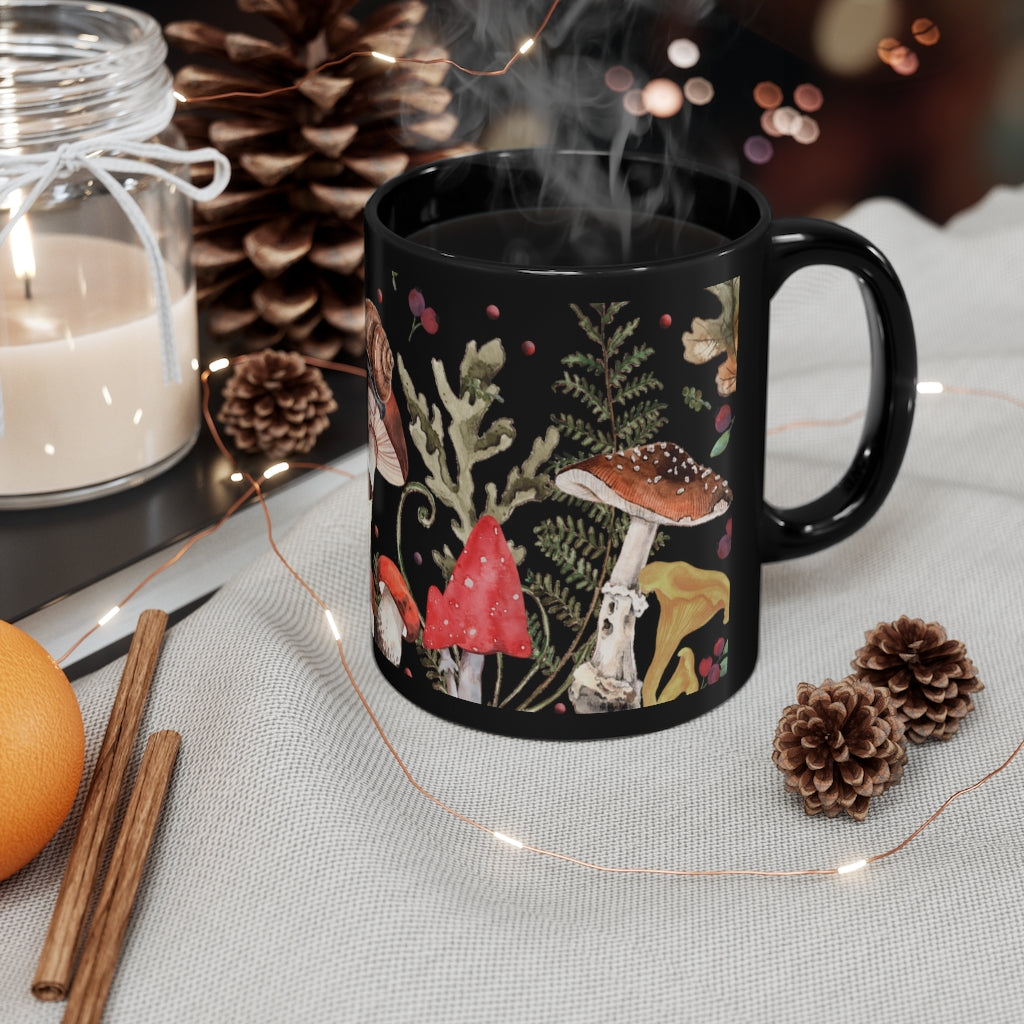 Red Mushrooms - 11oz Black Mug, Cottagecore