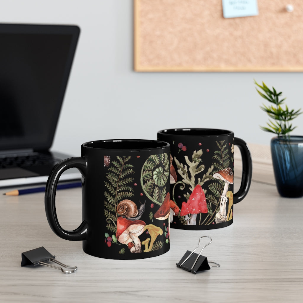 Red Mushrooms - 11oz Black Mug, Cottagecore