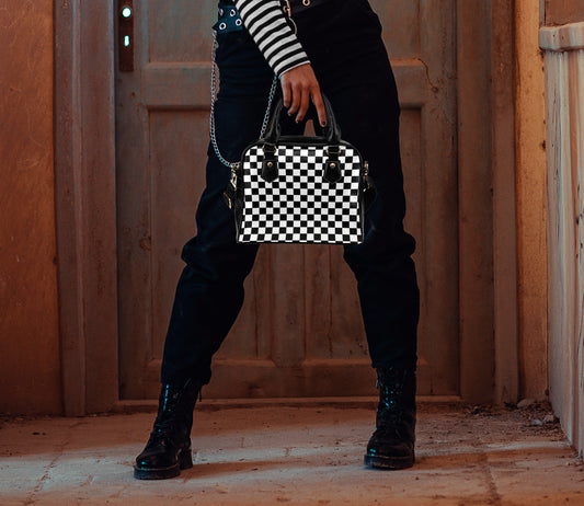 Black and White Checkered Bowler Bag Purse