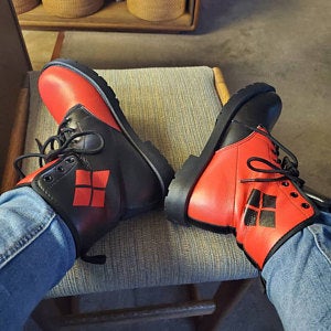 Harley Opposites Vegan Boots Black Red Diamonds Mens Womens Ms. Quinn Inspired