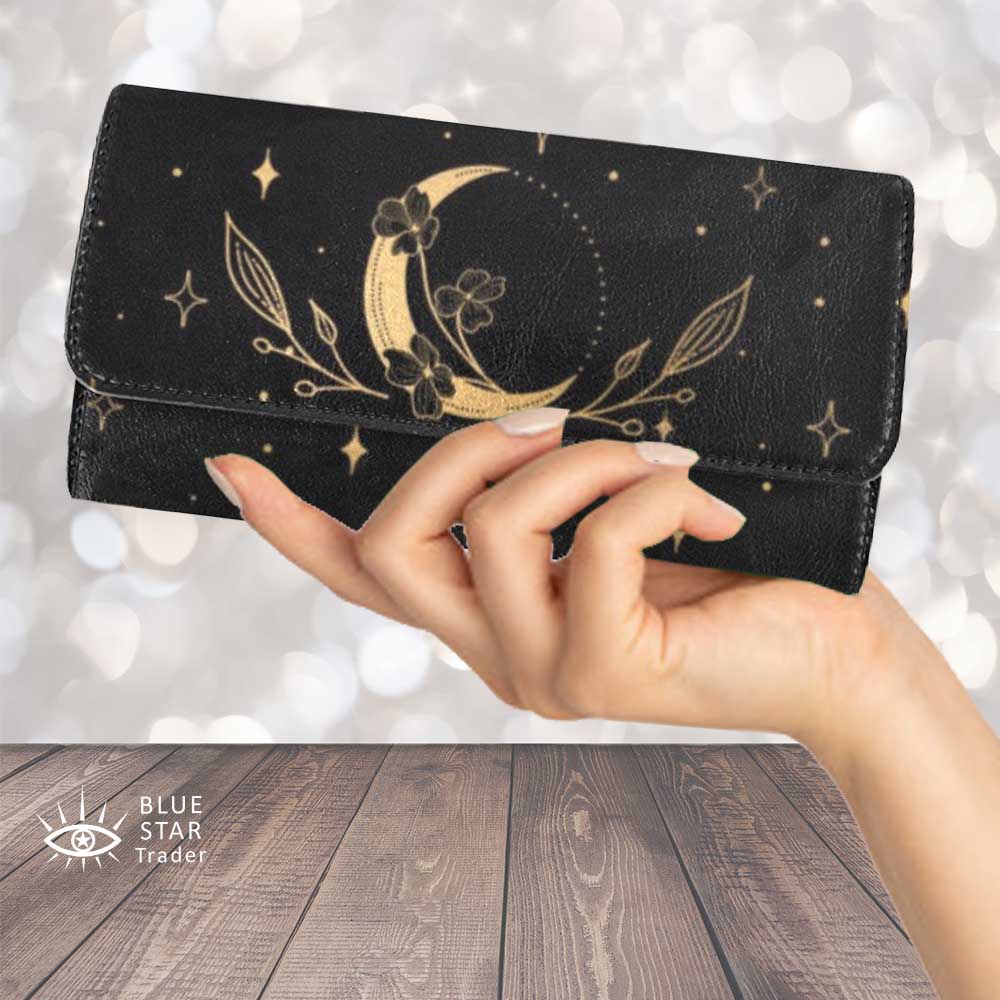 Witchy Moon Trifold Wallet Flowers Leaves Blue Star Trader