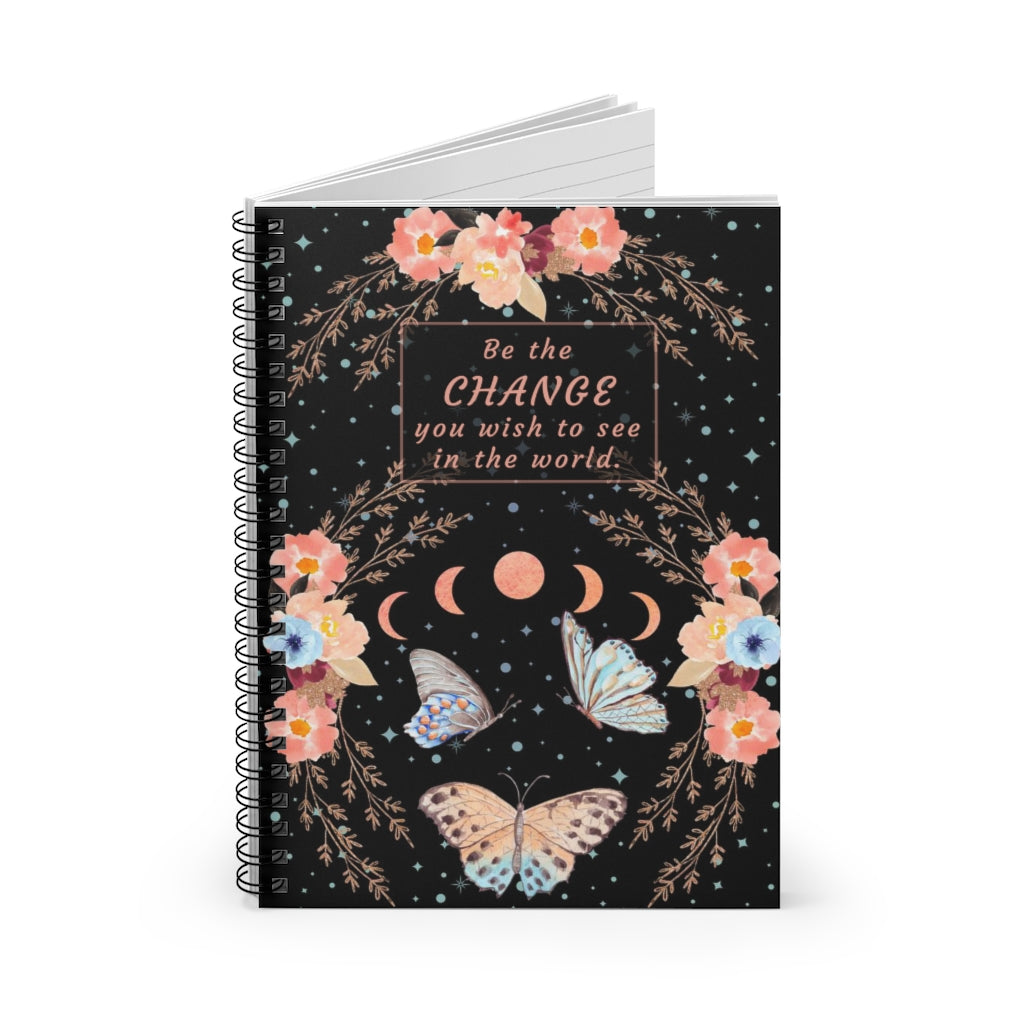 Butterfly Moon Phases - Be the Change - Spiral Notebook 8x6 - Ruled Line, Gift for Mom Peach