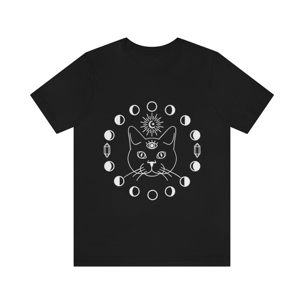 Witch Black Tee, Cat with Third Eye, Moon Phases and Crystals. Witch Shirt, Unisex Short Sleeve Tee, Womens T-Shirt, Clothing Clothes