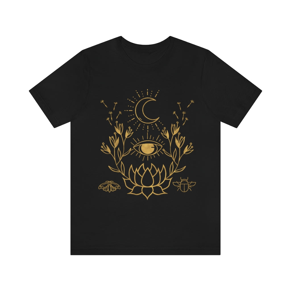 Lotus Flower Seeing Eye Moon Black Tee, Womens Bella Canvas T-Shirt, Unisex Jersey Short Sleeve Tee Witch Shirt Evil Eye Cottage Core Moth