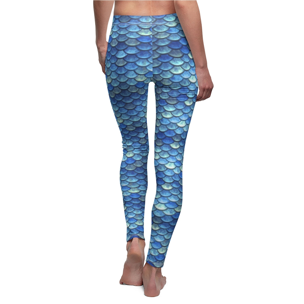 Blue Mermaid Scales Leggings | Women's Casual Stretch Pants | Fantasy Workout Clothing Blue Fish Scales