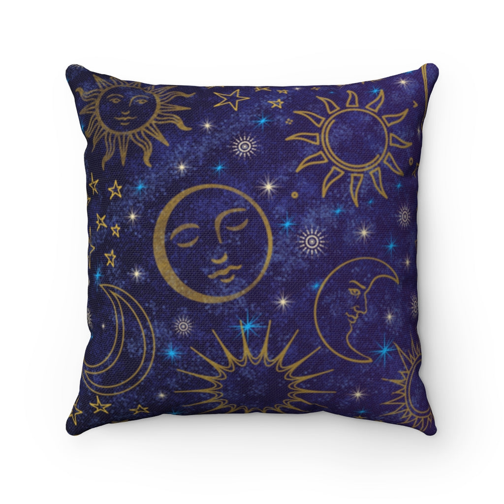 Blue and Gold Celestial Sun Moon - Spun Polyester Square Pillow Case with Zipper