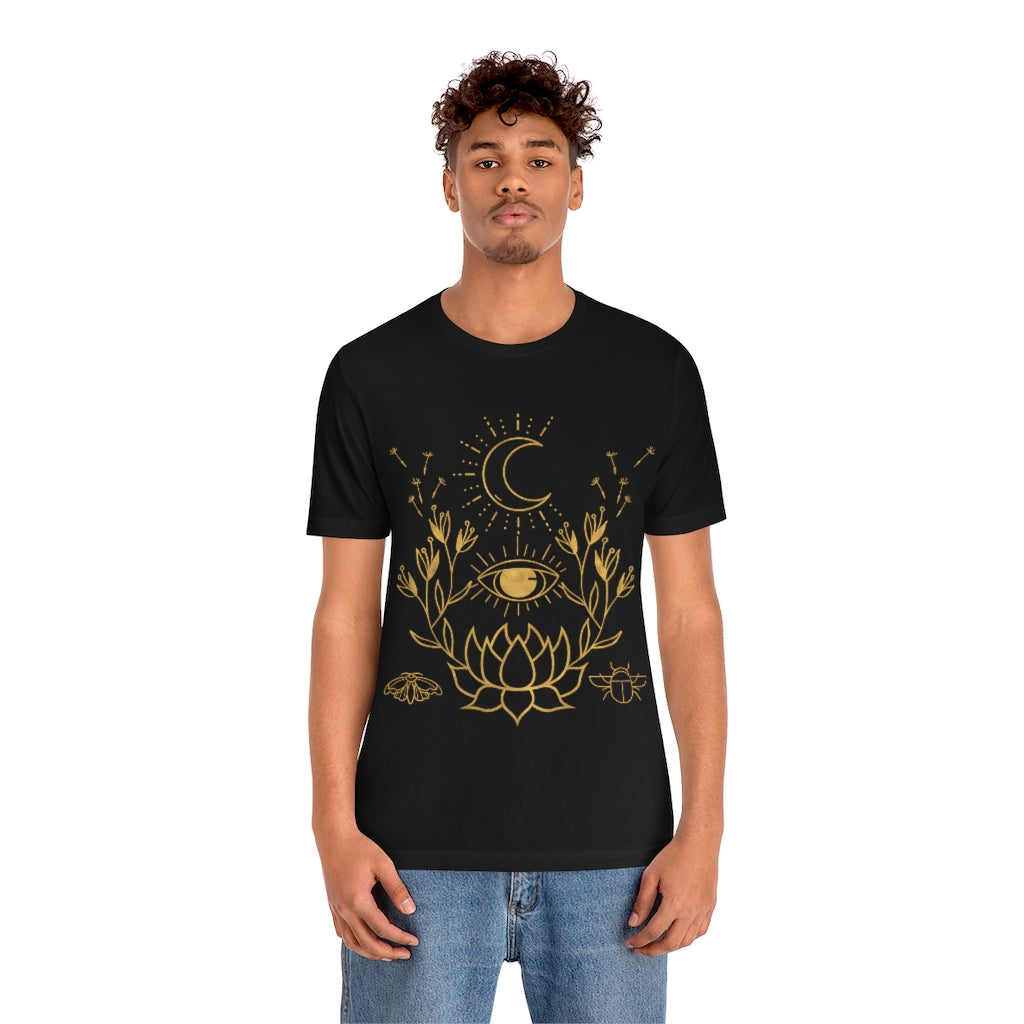 Lotus Flower Seeing Eye Moon Black Tee, Womens Bella Canvas T-Shirt, Unisex Jersey Short Sleeve Tee Witch Shirt Evil Eye Cottage Core Moth