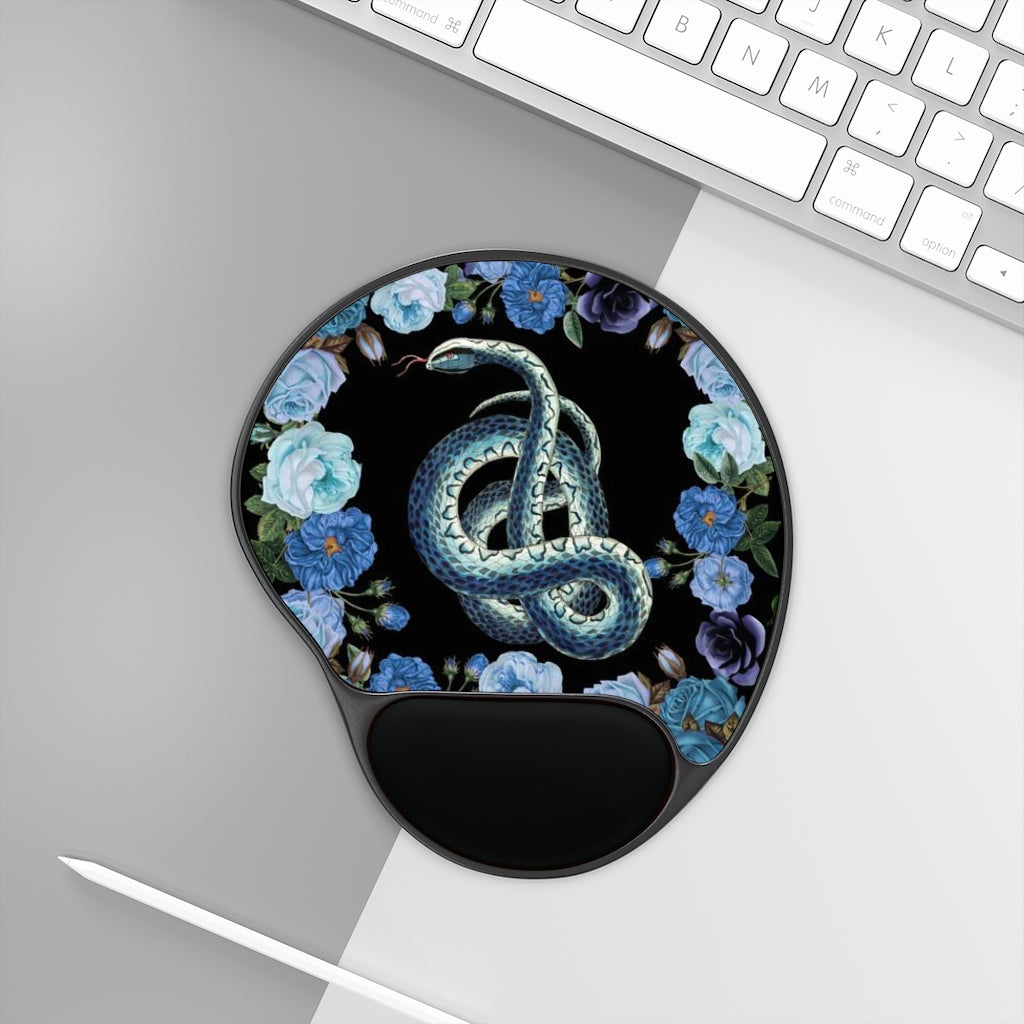 Blue Snakes Floral Mouse Pad With Wrist Rest, Cottagecore Office Decor, Witchy Goth Mouse Pad, Office Accessory
