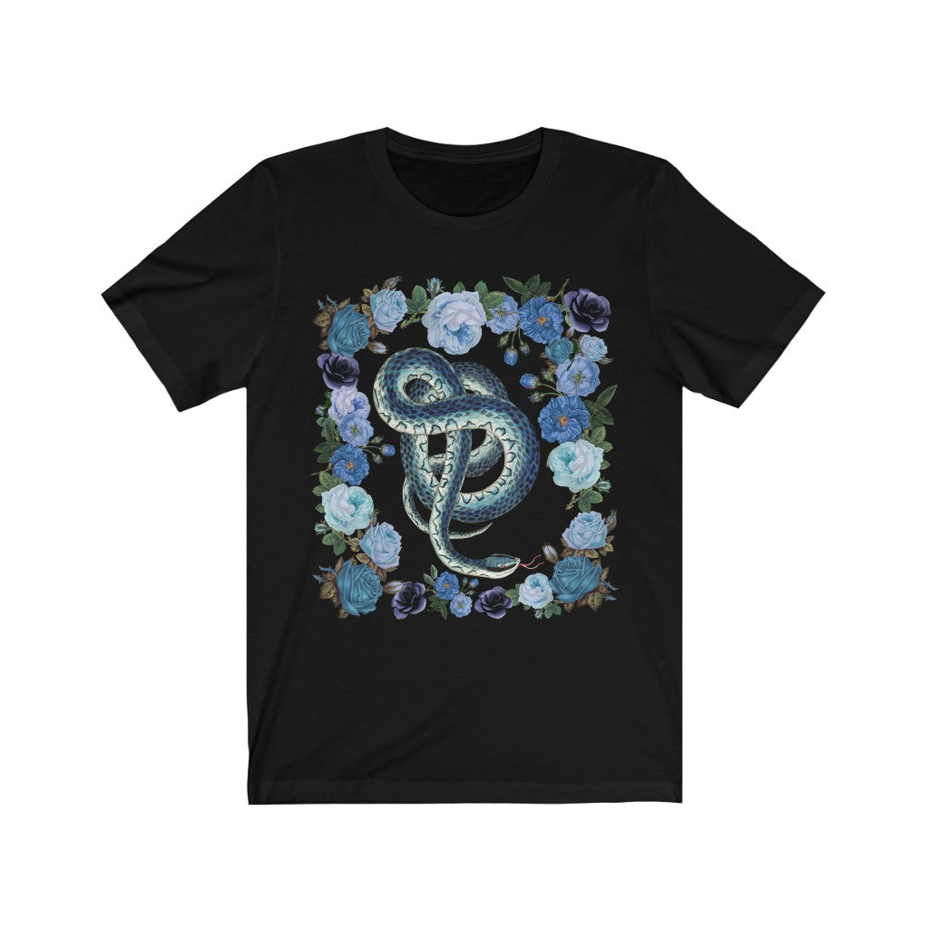 Vintage Illustration Blue Snake Floral Black Tee, Womens Bella Canvas T-Shirt, Unisex Jersey Short Sleeve Tee Witch Shirt