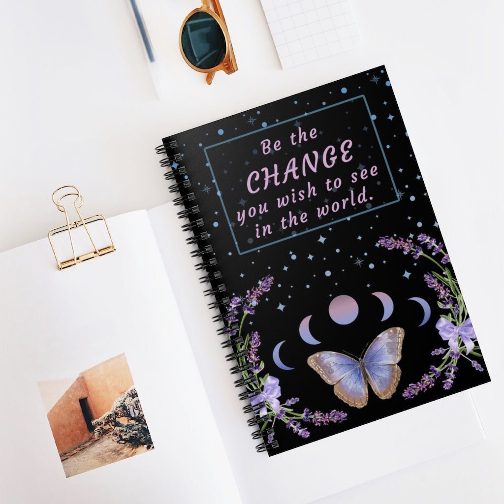 Butterfly Moon Phases - Be the Change - Spiral Notebook 8x6 - Ruled Line, Gift for Mom