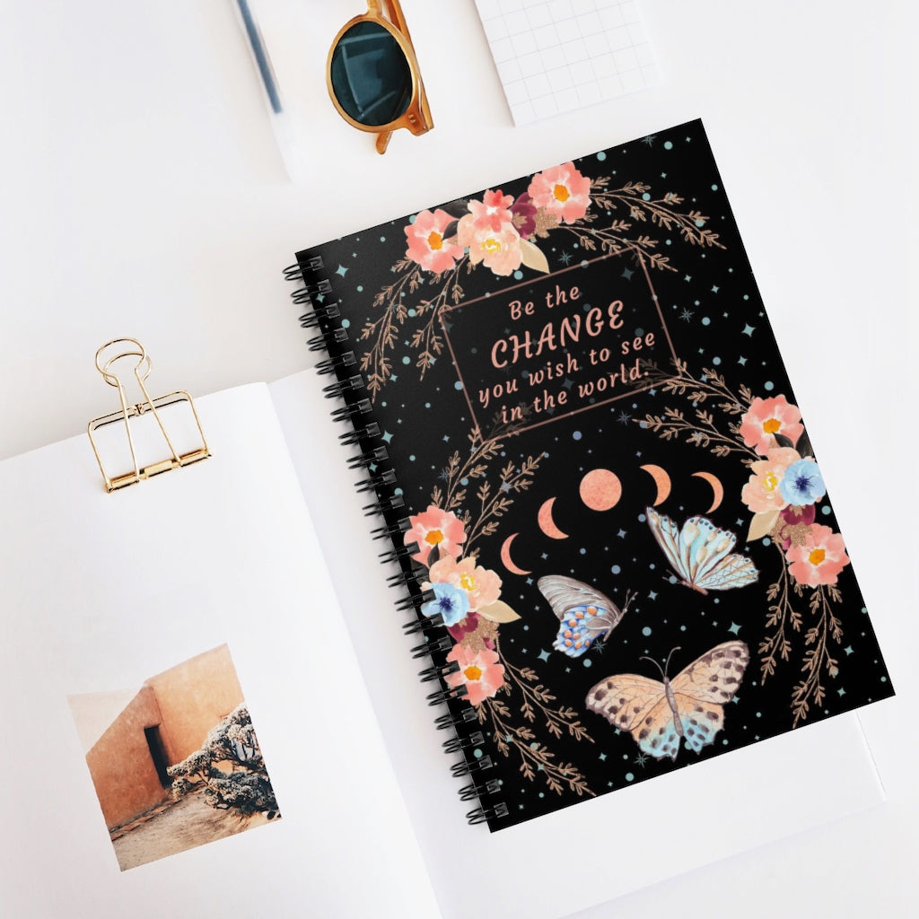 Butterfly Moon Phases - Be the Change - Spiral Notebook 8x6 - Ruled Line, Gift for Mom Peach