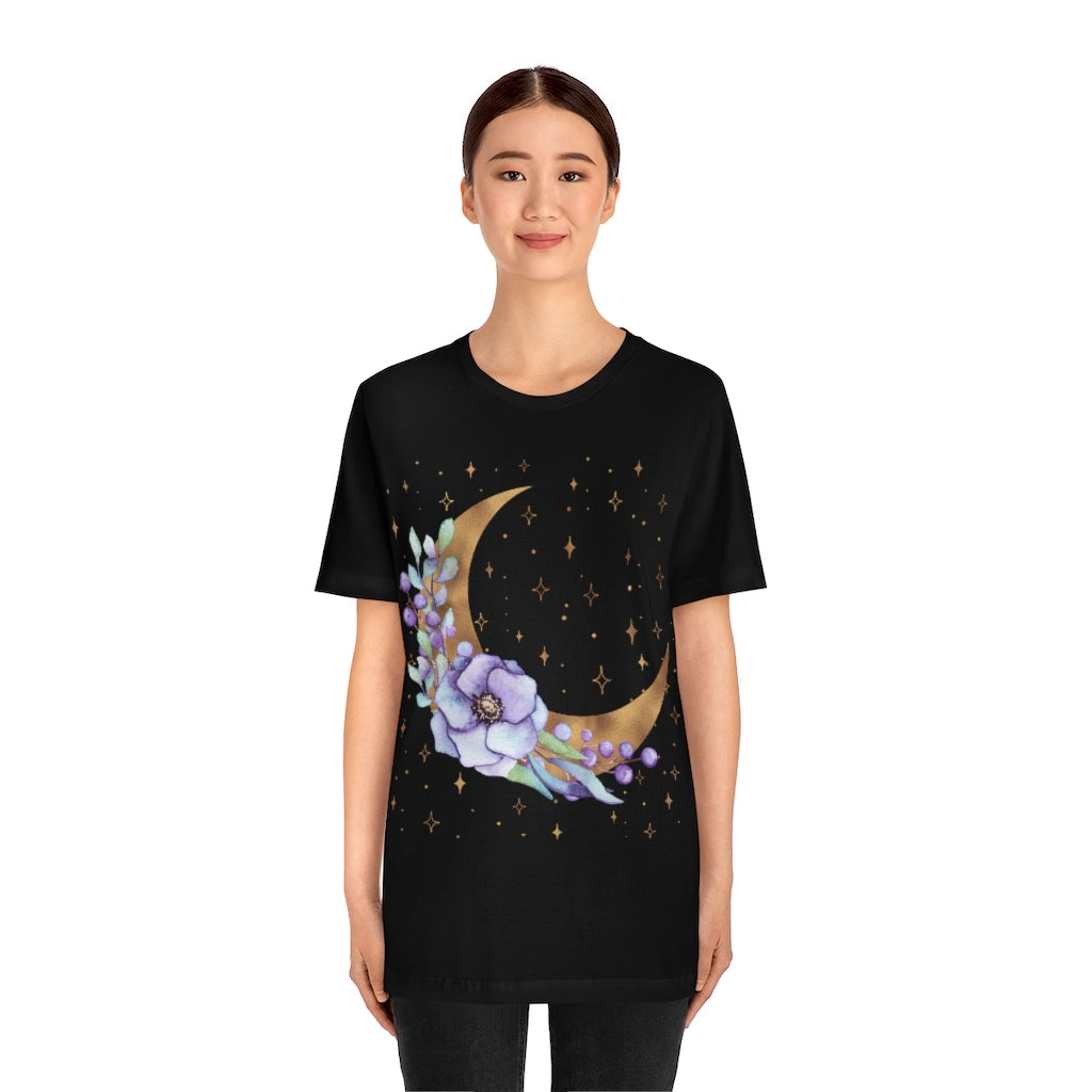 Purple Moon Floral Black Tee, Witch Shirt, Unisex Jersey Short Sleeve Tee, Womens Bella Canvas T-Shirt, Flowers Wicca Clothing Clothes