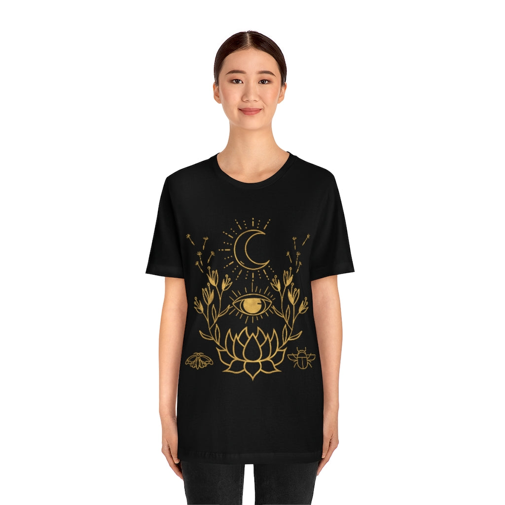 Lotus Flower Seeing Eye Moon Black Tee, Womens Bella Canvas T-Shirt, Unisex Jersey Short Sleeve Tee Witch Shirt Evil Eye Cottage Core Moth