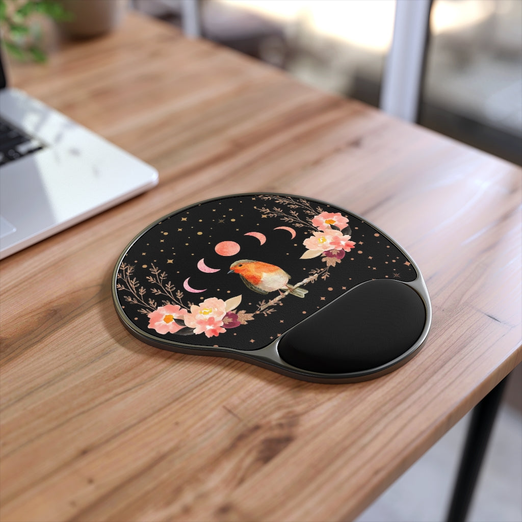 Songbird Mouse Pad With Wrist Rest, Cottagecore Office Decor, Robin Orange Bird Mouse Pad, Lunar Moon Office Accessory