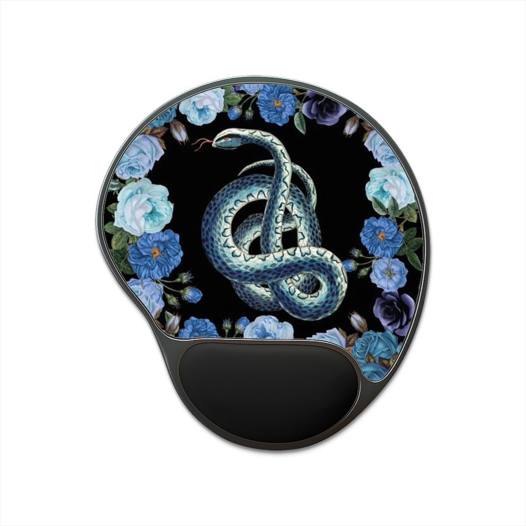 Blue Snakes Floral Mouse Pad With Wrist Rest, Cottagecore Office Decor, Witchy Goth Mouse Pad, Office Accessory