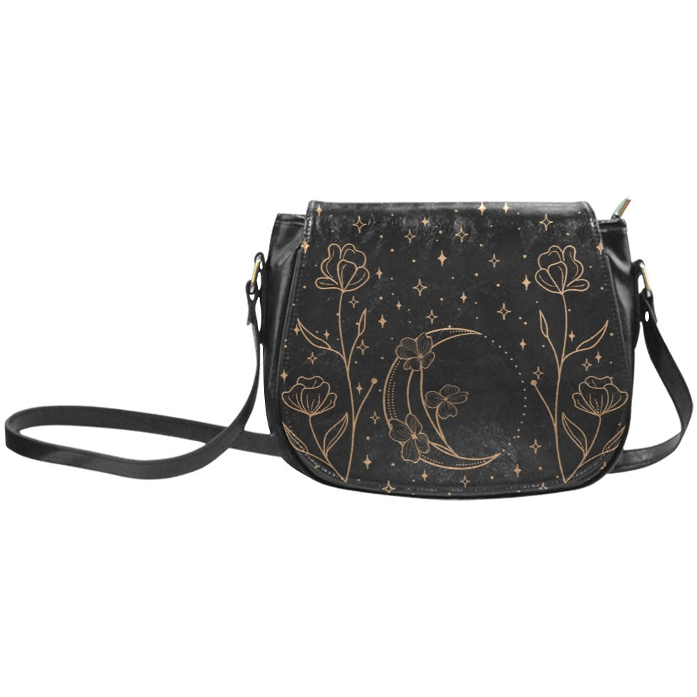 Elegant Crescent Moon Flowers Saddle Bag Purse