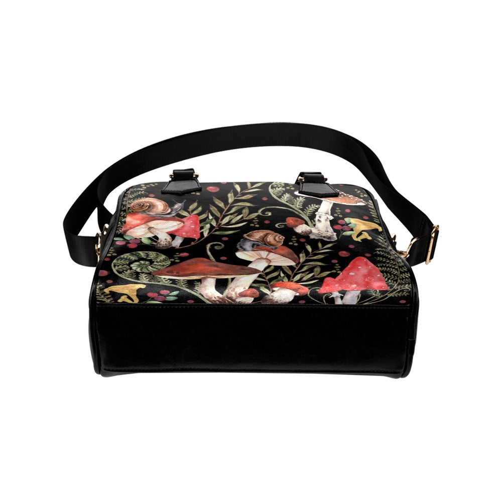 Red Mushrooms Handbag, Black Bowler Bag Purse