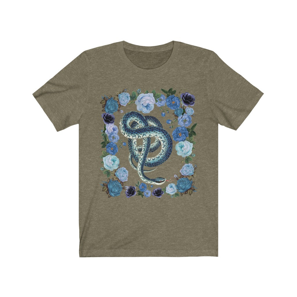Vintage Illustration Blue Snake Floral Black Tee, Womens Bella Canvas T-Shirt, Unisex Jersey Short Sleeve Tee Witch Shirt