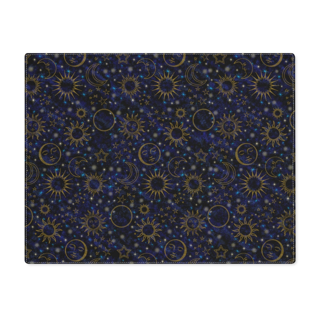 Black Blue Celestial Placemat | Cotton Fabric Placemat 18 x 14 Inches | Witch Home Decor | Suns Moons Stars | Tarot Mat