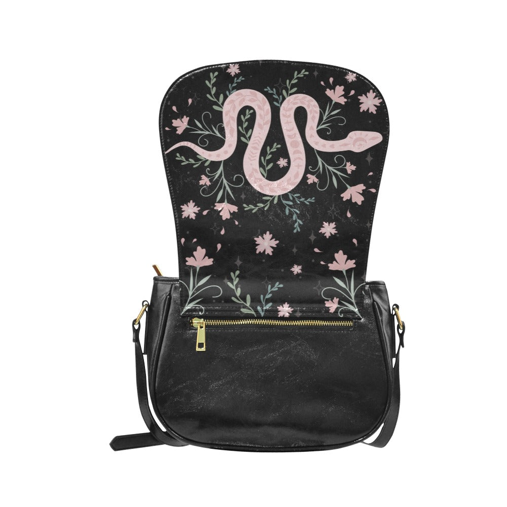 Witchy Boho Pink Snake Floral Saddle Bag Purse