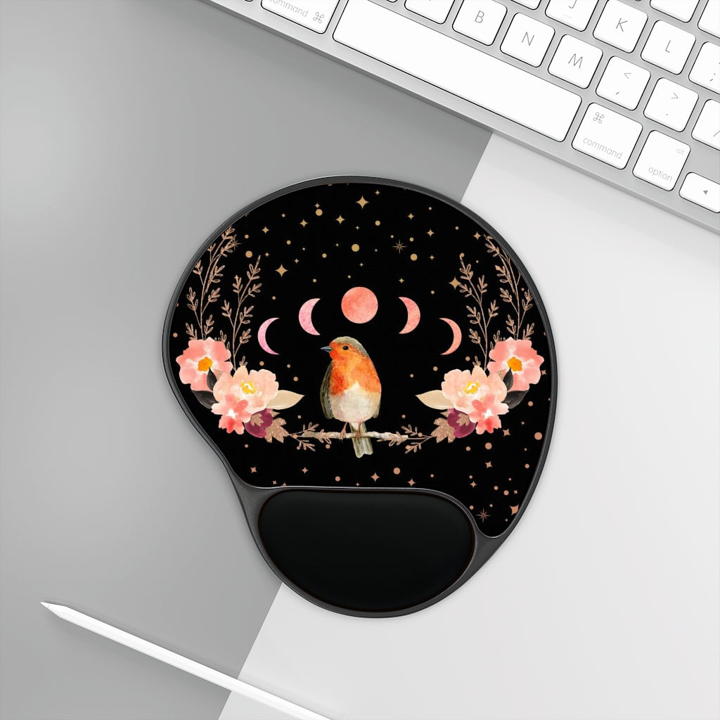 Songbird Mouse Pad With Wrist Rest, Cottagecore Office Decor, Robin Orange Bird Mouse Pad, Lunar Moon Office Accessory
