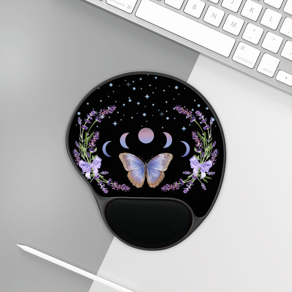 Boho Chic Purple Butterfly and Moon Phases Mouse Pad With Wrist Rest, Lavender Witch Cottagecore Office Decor
