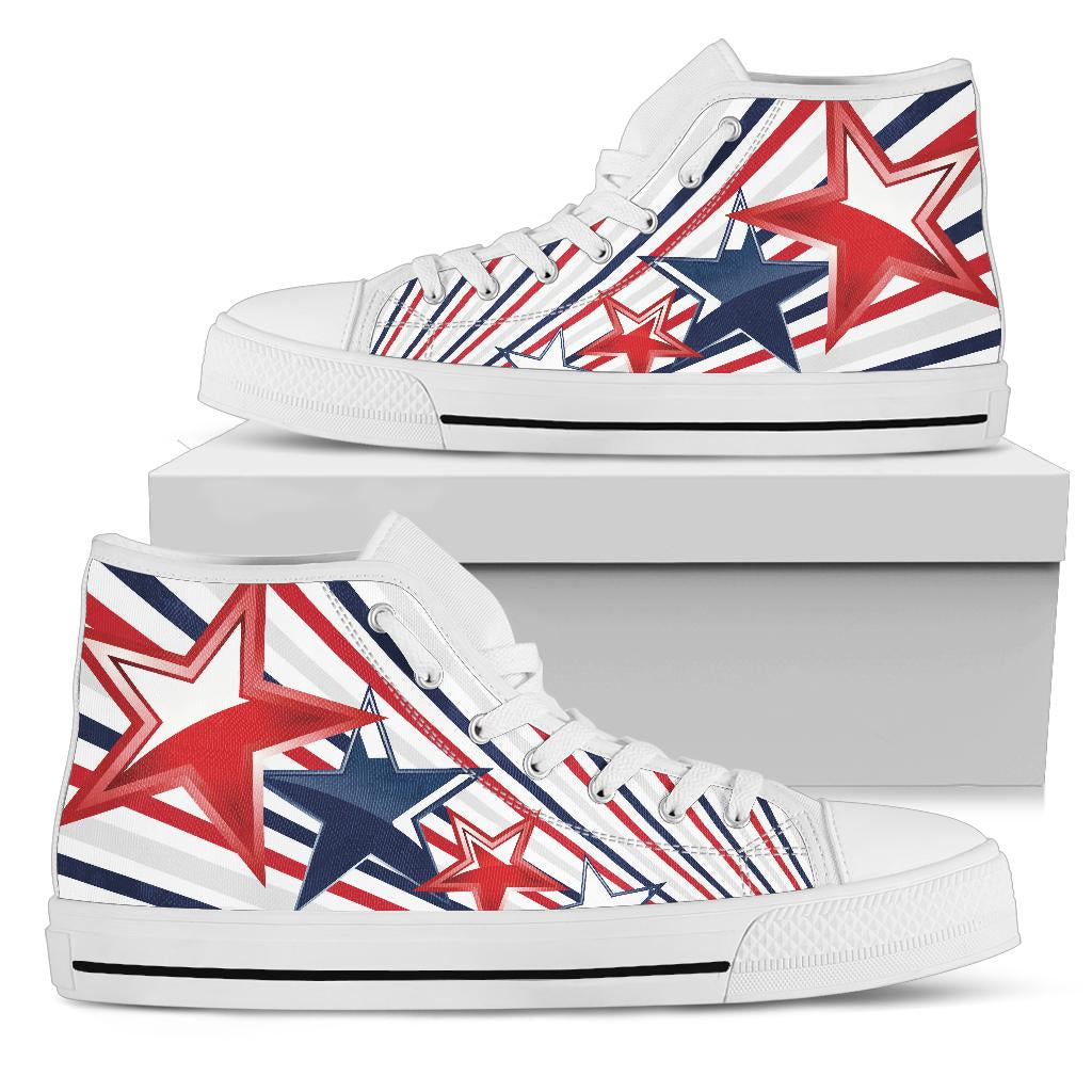 patriotic shoes, USA high top sneakers, red white blue shoes, stars