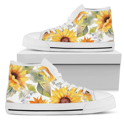 summer sneakers, sunflower high top shoes, yellow flowers