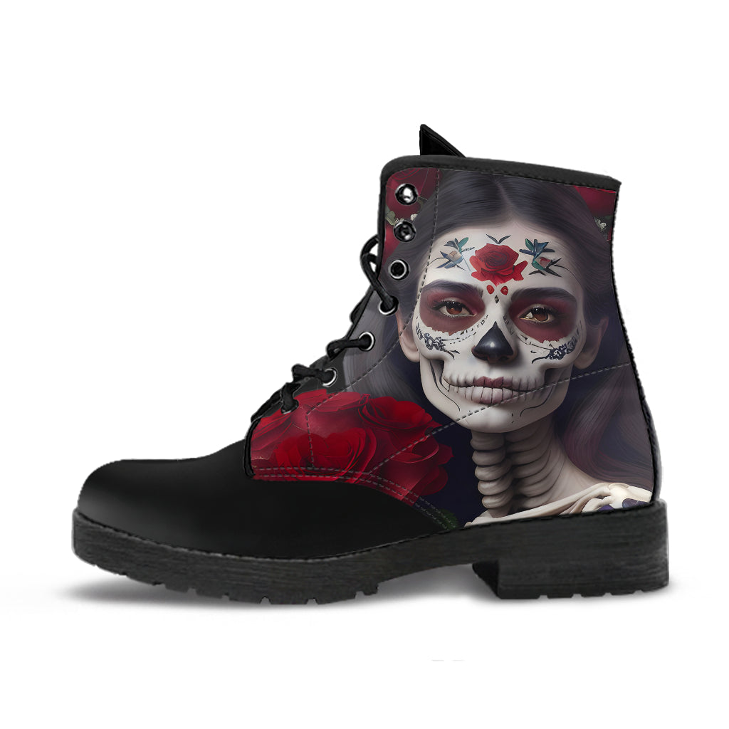 Day of the Dead Girl & Red Roses Boots, Skull and Crossbones, Combat Boots, Vegan Boots, Ankle Boots, Spooky Creepy Costume Goth Boots